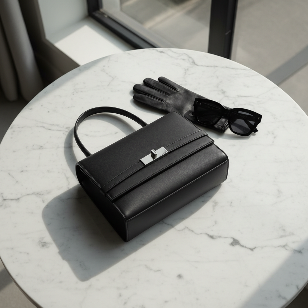 Minimalist black structured leather tote on white marble surface
